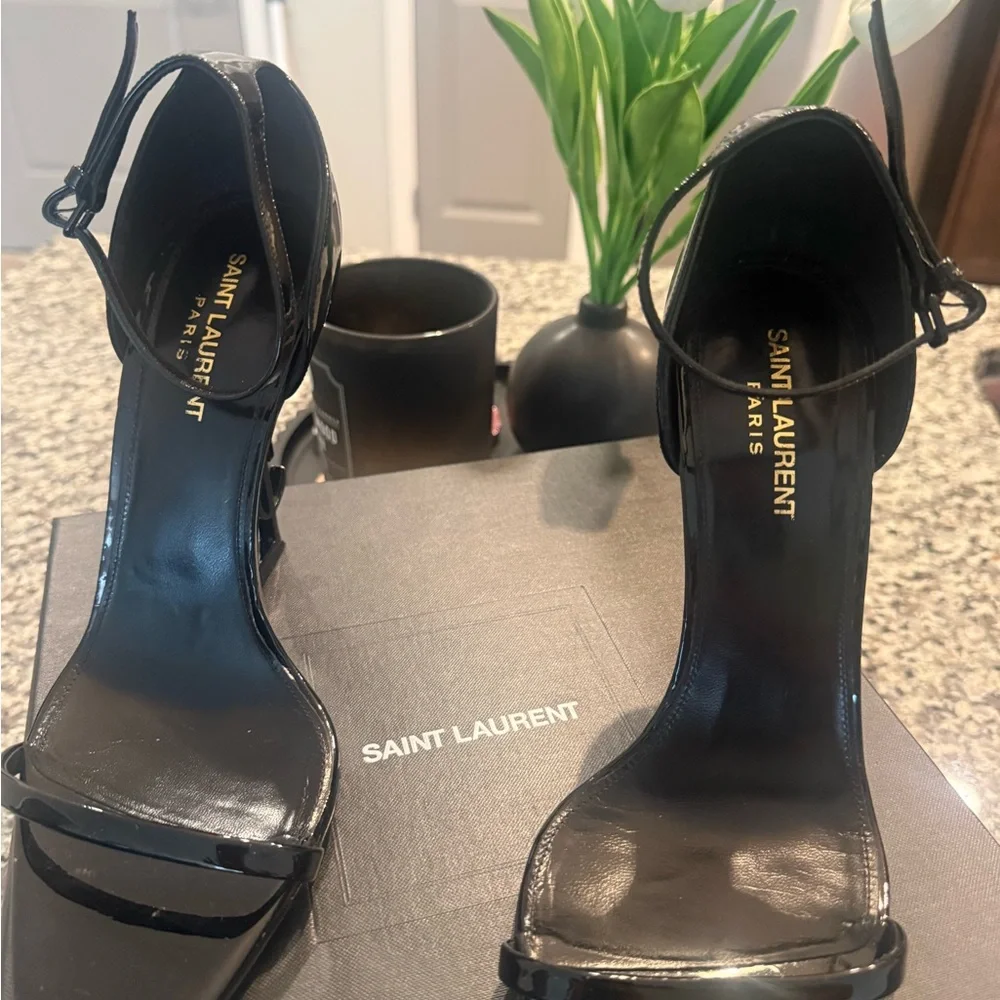 Saint Laurent Black Patent Opyum Logo Heel Sandals - Picture 7 of 8